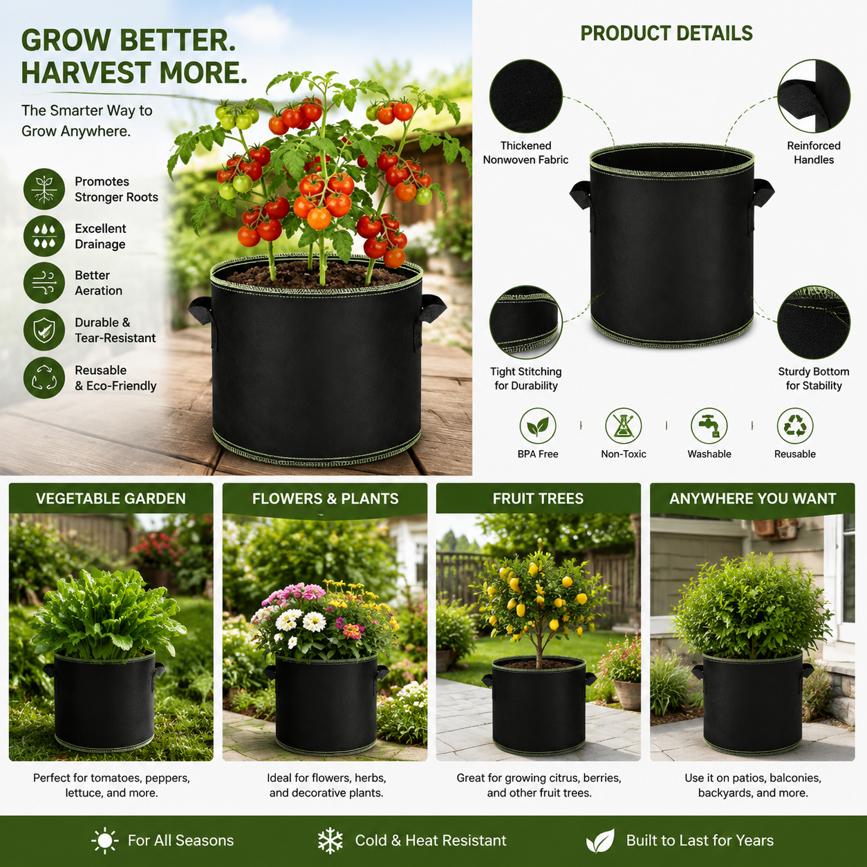 🌱Tuffwarppedtm™ 5 Gallon Grow Bags – Heavy Duty Aeration Fabric Pots with Handles for Vegetables, Flowers & Fruits