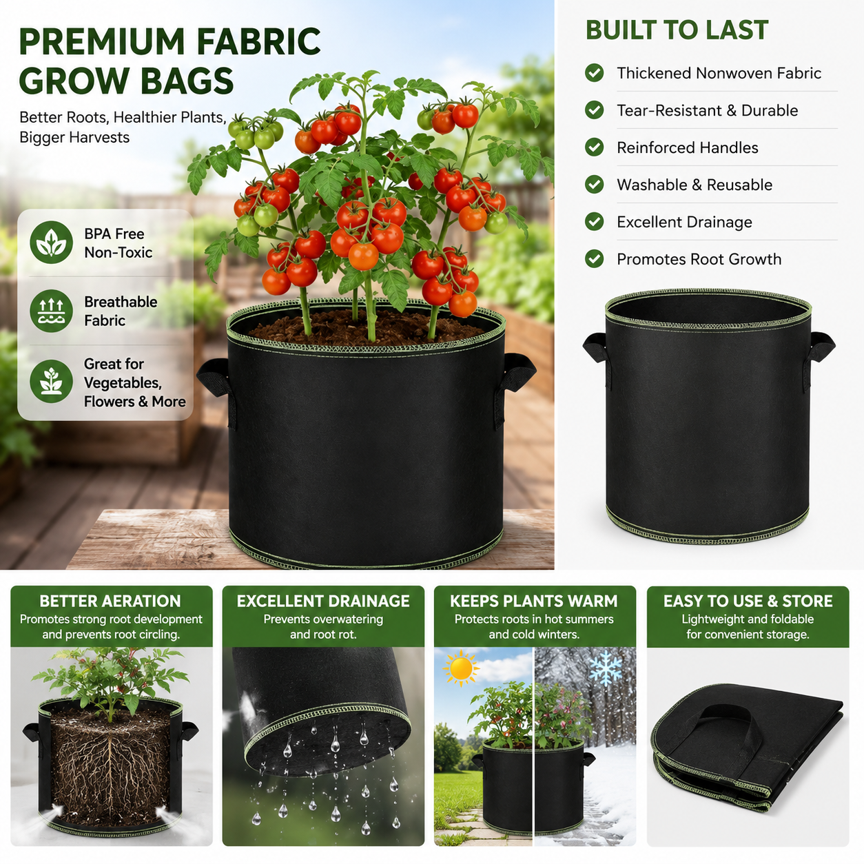 🌱Tuffwarppedtm™ 5 Gallon Grow Bags – Heavy Duty Aeration Fabric Pots with Handles for Vegetables, Flowers & Fruits