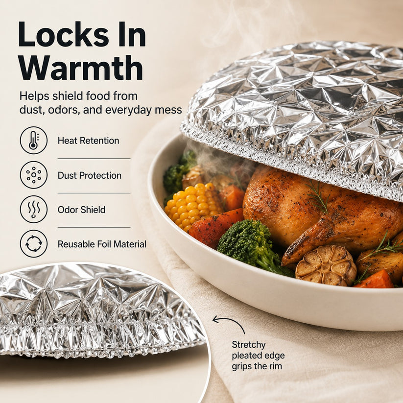 Reflective foil elastic food cover over a serving bowl