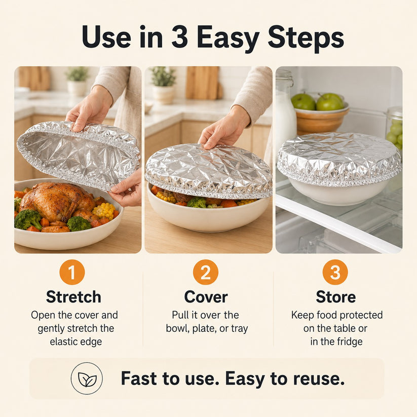 Three step guide showing how to stretch, cover, and store food with an elastic foil food cover