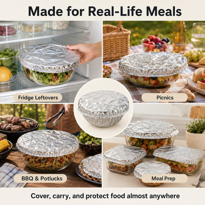 Reusable food covers used for fridge leftovers, picnics, BBQ sides, shared dishes, meal prep, serving trays, and family dinners