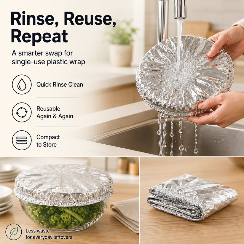 Reusable food cover being rinsed clean, used over a bowl of leftovers, and folded compactly for kitchen drawer storage